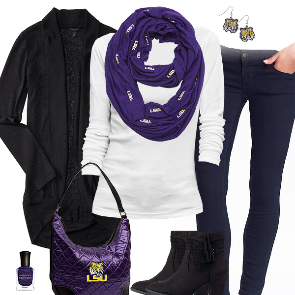 LSU Tigers Inspired Cardigan & Scarf Outfit