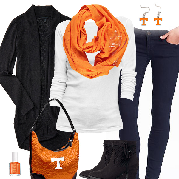 Tennessee Volunteers Inspired Cardigan & Scarf Outfit