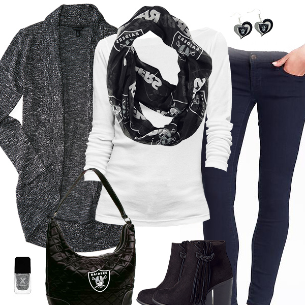 Oakland Raiders Inspired Cardigan & Scarf Outfit