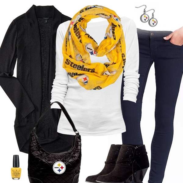 Pittsburgh Steelers Inspired Cardigan & Scarf Outfit