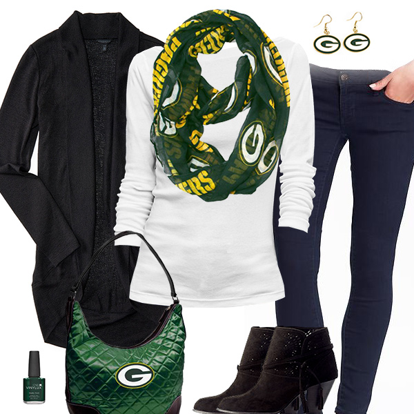 Green Bay Packers Inspired Cardigan & Scarf Outfit