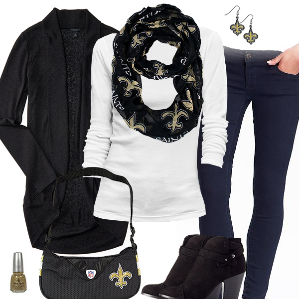 New Orleans Saints Inspired Cardigan & Scarf Outfit