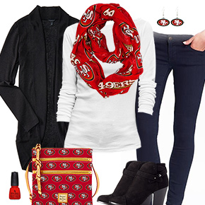 San Francisco 49ers Inspired Cardigan & Scarf Outfit